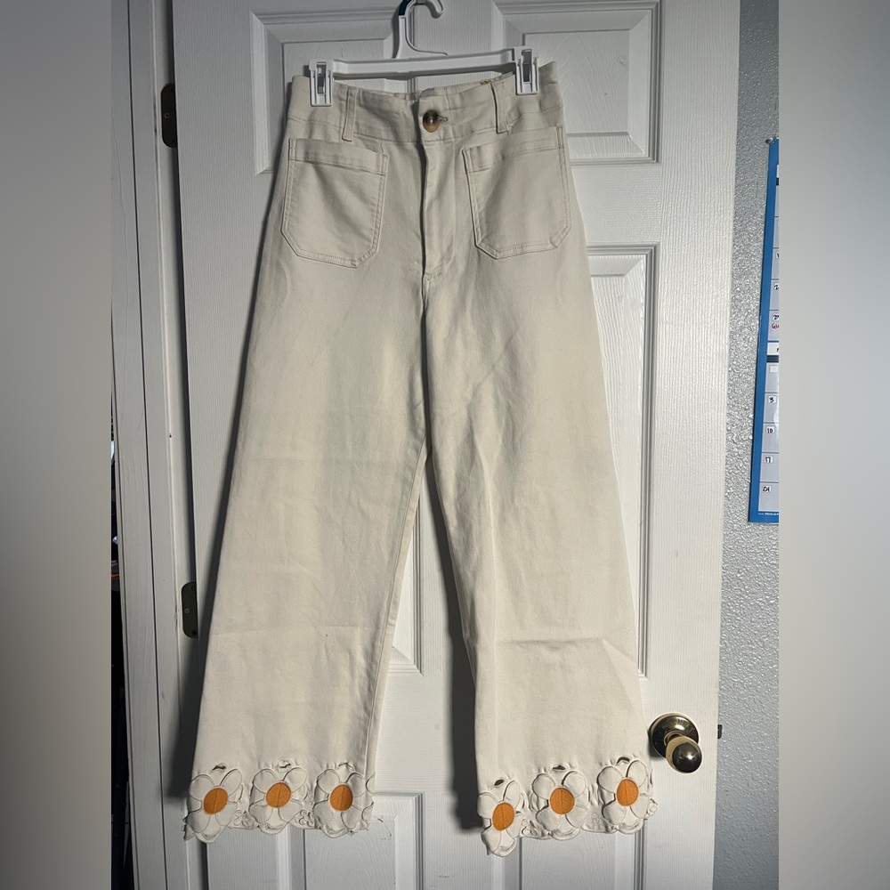 Anthropologie Maeve Colette Cropped Wide Leg Cream Pants